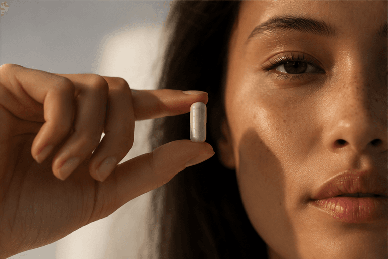 Woman holding a white supplement capsule — everyday suggested use