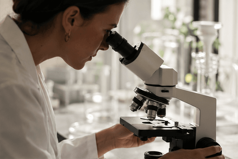 Scientist examining a sample through a laboratory microscope