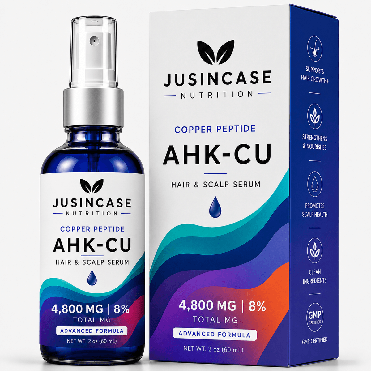 JUSINCASE AHK-Cu Hair & Scalp Serum bottle and box