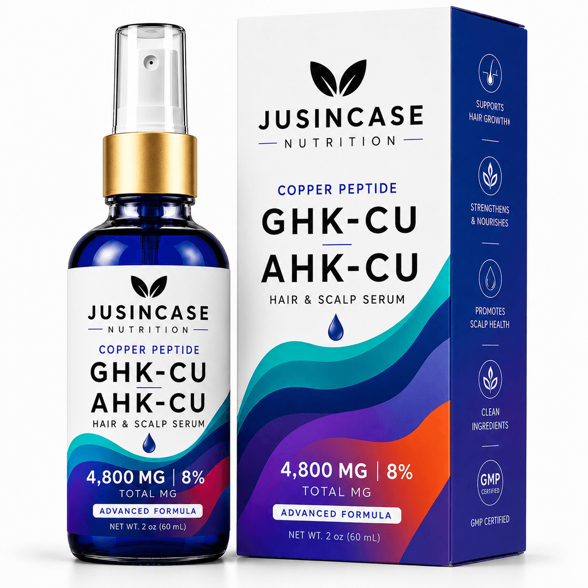 JUSINCASE GHK-Cu + AHK-Cu Hair & Scalp Serum bottle and box