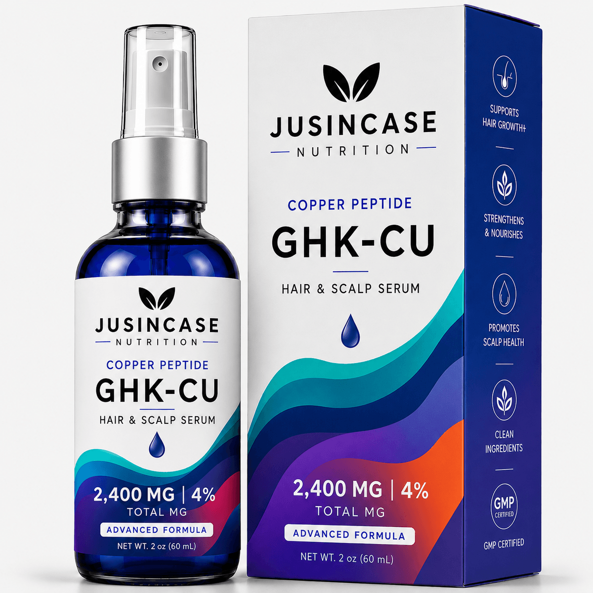 JUSINCASE GHK-Cu Hair & Scalp Serum bottle and box