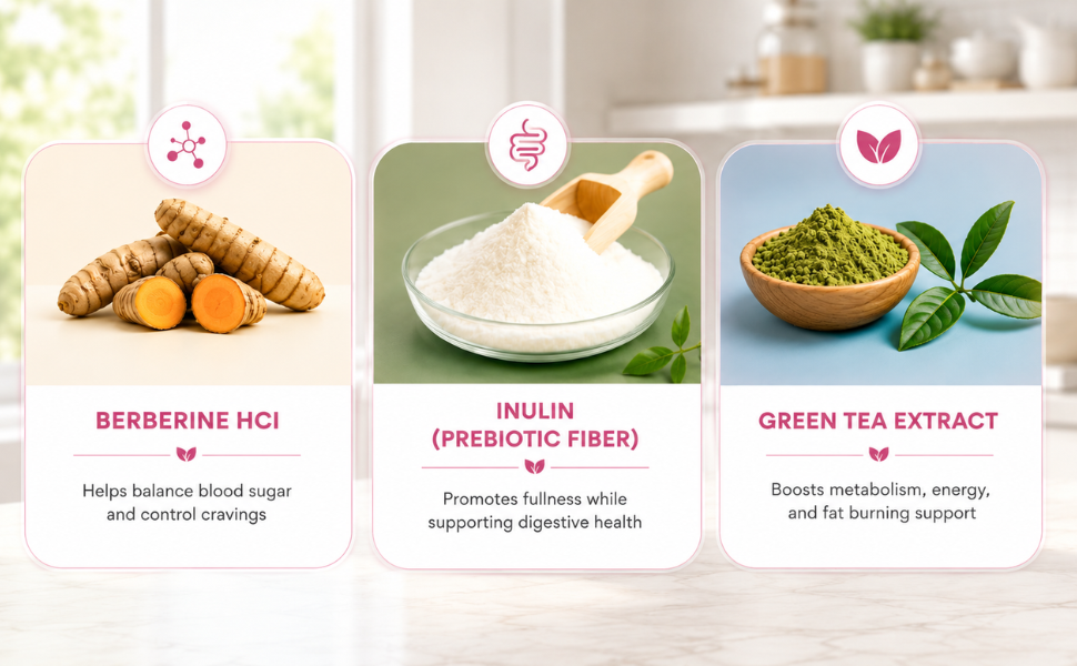 Berberine HCl helps balance blood sugar and control cravings, Inulin prebiotic fiber promotes fullness and digestive health, Green Tea Extract boosts metabolism and fat burning