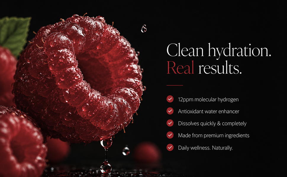 Clean hydration, real results — 12ppm molecular hydrogen, antioxidant water enhancer, dissolves quickly and completely, made from premium ingredients, daily wellness naturally