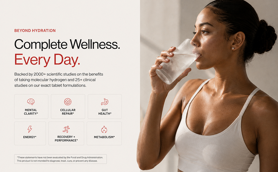 Beyond hydration — complete wellness every day. Backed by 2000+ scientific studies. Supports mental clarity, cellular repair, gut health, energy, recovery, performance, and metabolism