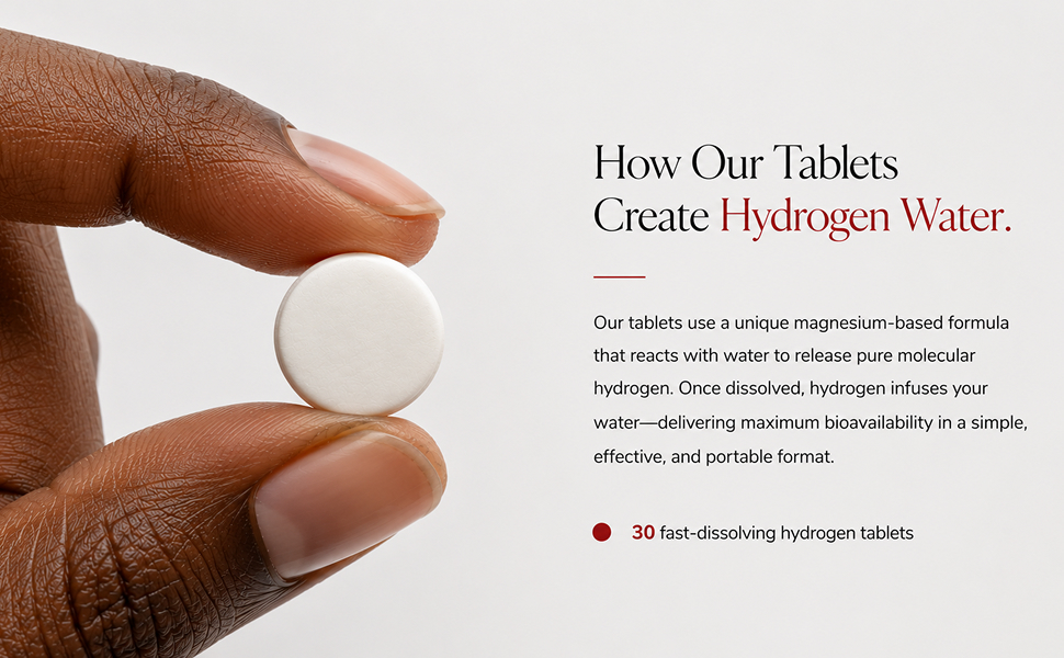 How our tablets create hydrogen water — a magnesium-based formula reacts with water to release pure molecular hydrogen for maximum bioavailability. 30 fast-dissolving hydrogen tablets