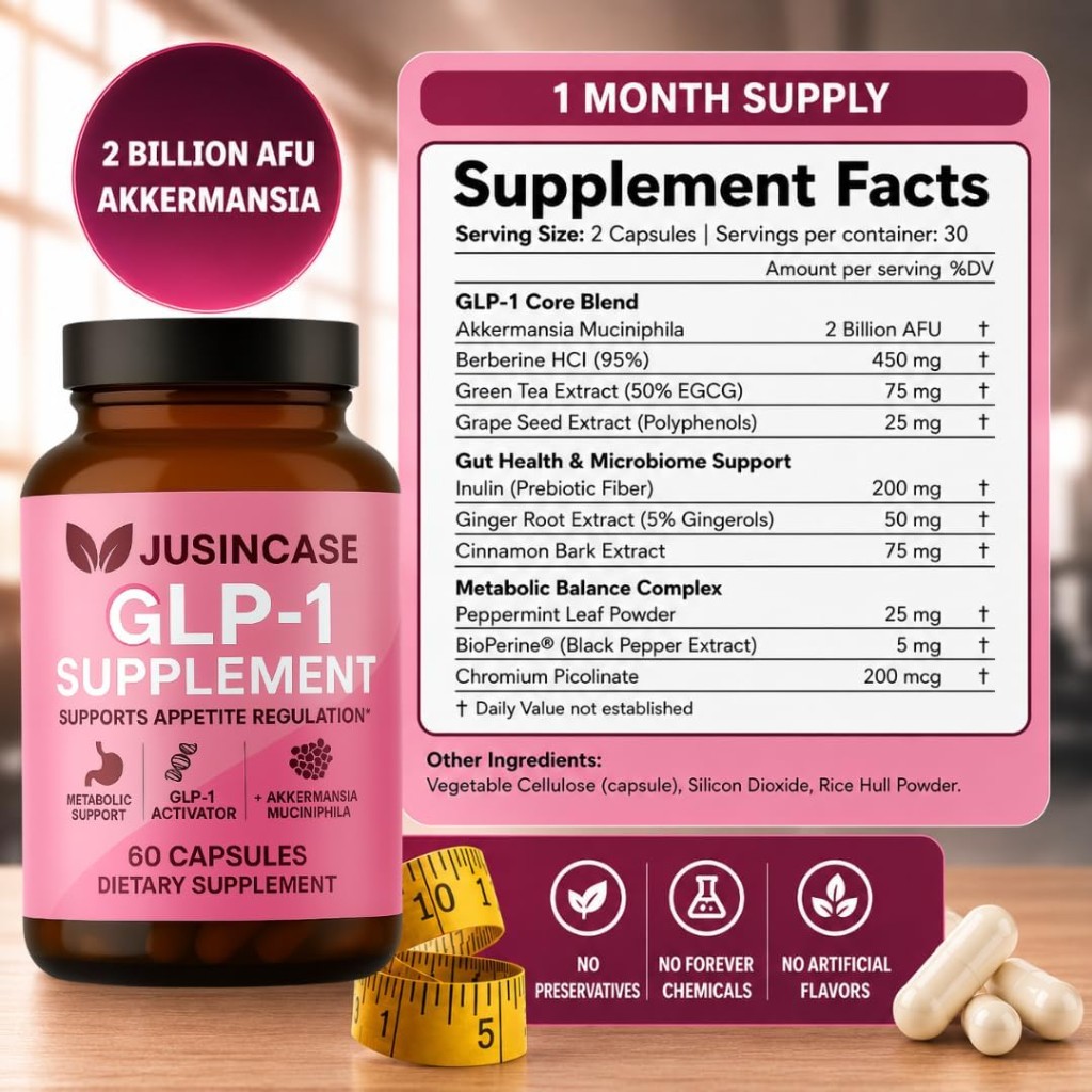 JUSINCASE GLP-1 Supplement bottle with supplement facts — 1 month supply, 60 capsules
