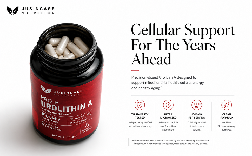 Cellular support for the years ahead — precision-dosed Urolithin A for mitochondrial health, cellular energy, and healthy aging. Third-party tested, ultra-micronized, 1000mg per serving, clean formula