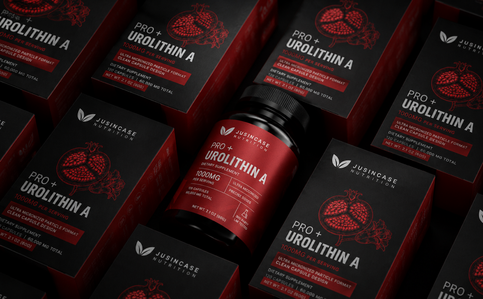 PRO + Urolithin A — 1000mg per serving, ultra-micronized particle format, clean capsule design, 120 capsules